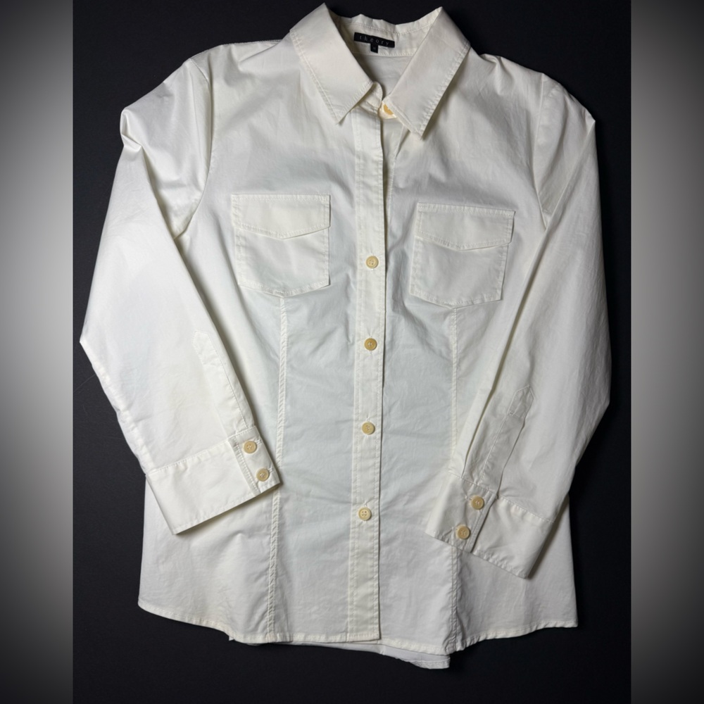 Theory White Oversized Button Down Shirt Utility Pocket Stretch Cotton Medium